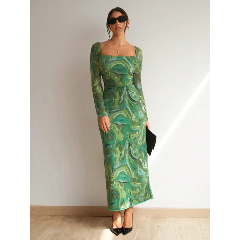 Green Swirl Print Mesh Maxi Dress sheer Long Sleeve Square Neck Romantic